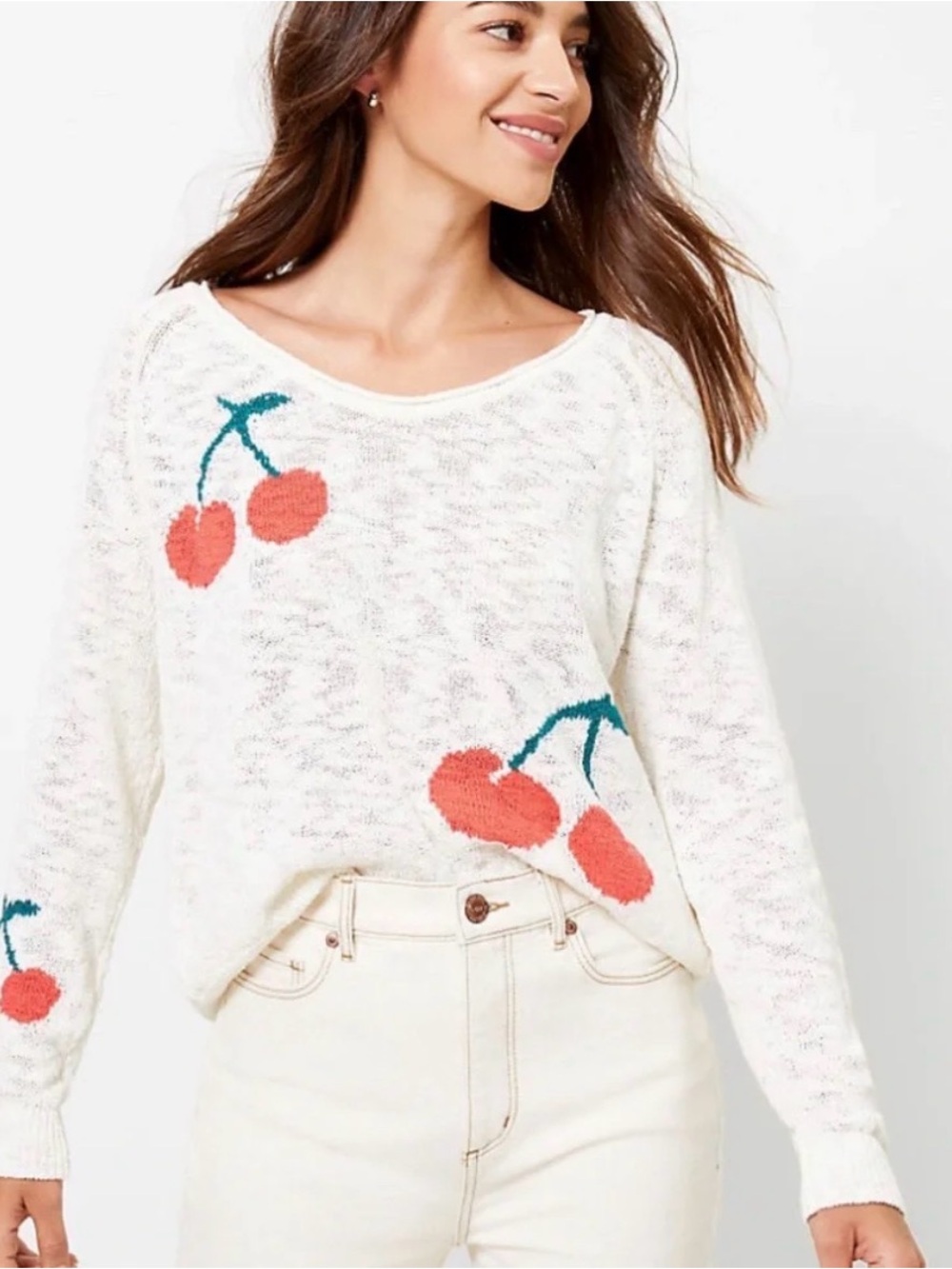 Lou & Grey | Cream V-Neck Knit Cherry Sweater | Sz M